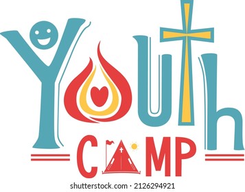 Illustration Of Youth Camp Lettering With Smile Icon, Heart On Fire, Cross, And Tent Design