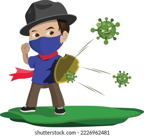 Illustration of a youth holding a shield against the Corona Virus. Vector For Design Of Banners, Greeting Cards, Etc