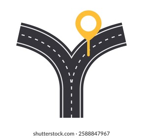 Illustration of a Y-shaped road split with a yellow location marker on the right path, symbolizing decision-making, navigation, and direction. Vector illustration