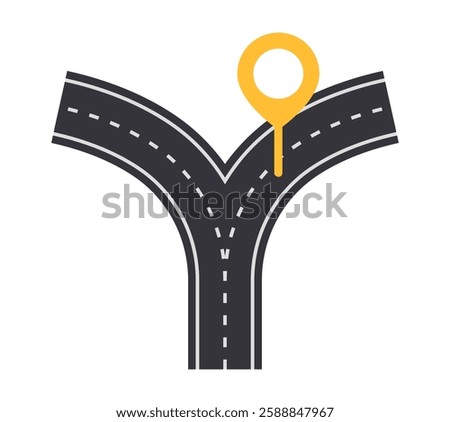 Illustration of a Y-shaped road split with a yellow location marker on the right path, symbolizing decision-making, navigation, and direction. Vector illustration