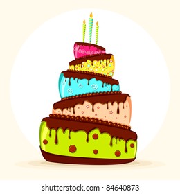 illustration of yummy colorful cake with burning candle on abstract background