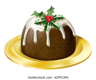 an illustration of a yummy glossy christmas pudding on a plate