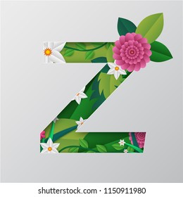 Illustration of Z alphabet made by flowers & leaves with paper cut style.
