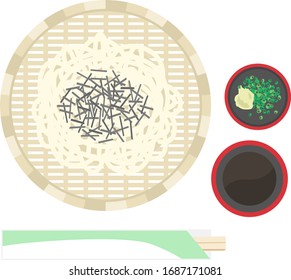
Illustration of zaru udon.
Illustration of Japanese noodle dish.