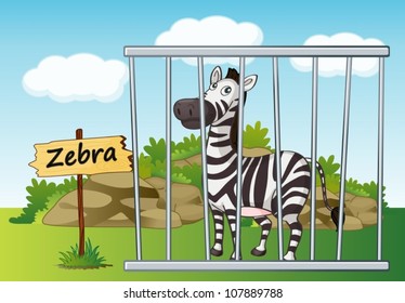 illustration of a zebra in cage and wooden board