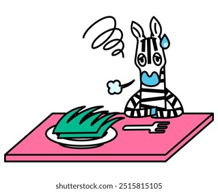 Illustration of a zebra holding back its appetite in front of its favorite food