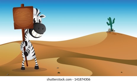 Illustration of a zebra holding the empty signboard at the desert