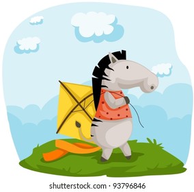 illustration of zebra play kite on white background