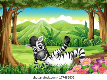 Illustration of a zebra relaxing in the middle of the forest