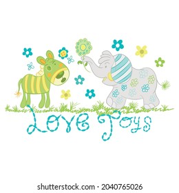 illustration of zebra and small stuffed elephant with flowers and grass