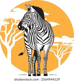 Illustration of a zebra under the sun in the African savannah. Ideal for educational and cultural materials