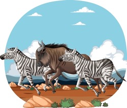 Illustration of zebras and a wildebeest running together.