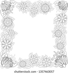 illustration zentangl. Flower frame for photo. Coloring book. Antistress for adults and children. Black and white
