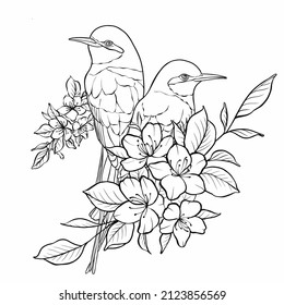 Illustration zentangl. Greeting card with birds and flowers. Coloring book. Antistress for adults and children. Black and white.