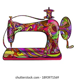 Illustration in zentangle style multicolored shiny parts, retro sewing machine drawing, doodle lines image