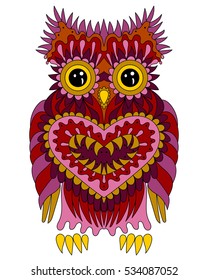 Illustration in zentangle style with silly owl. Cartoon style bird isolated on white background.Vector