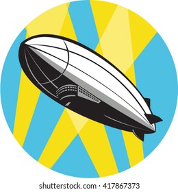 Illustration of a zeppelin blimp flying overhead set inside circle done in retro style. 