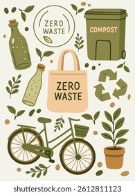 Illustration with zero waste lifestyle elements such as recycling sign, compost bin, glass bottles, bike, eco bag and plants. Promotes sustainable living and environmental awareness.