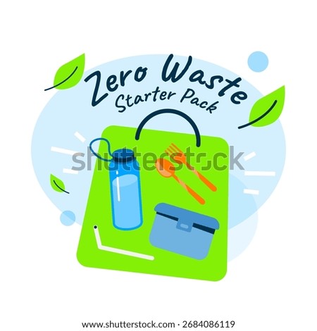 illustration of Zero Waste Starter Pack including reusable bag, water bottle, straw, lunch box, and eco friendly cutlery set. sustainable lifestyle, zero waste habit, eco campaign, plastic free
