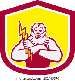 Illustration of Zeus Greek arms cross holding thunderbolt set inside shield crest on isolated background done in retro style. 