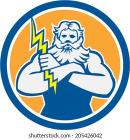 Illustration of Zeus Greek arms cross holding thunderbolt set inside circle on isolated background done in retro style. 