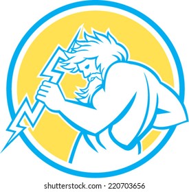 Illustration of Zeus, Greek god of the sky and ruler of the Olympian gods wielding holding a thunderbolt set inside circle on isolated white background.