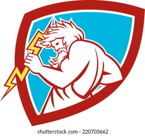 Illustration of Zeus, Greek god of the sky and ruler of the Olympian gods wielding holding a thunderbolt set inside shield on isolated white background.