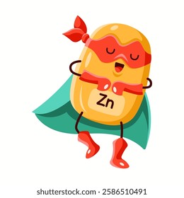 Illustration of a zinc superhero character wearing a red mask, red gloves, and a green cape, symbolizing immunity and skin health benefits.