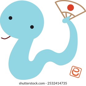 Illustration of a zodiac character holding a folding fan for the year of the snake, 2025,light blue snake
translation : mi(snake) 