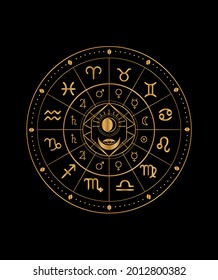 The illustration - zodiac chart in black and gold color.