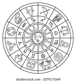 Illustration of zodiac circle with constellations signs. Sun and magic runes. Horoscope symbols for astrological forecasts  leo, taurus, sagittarius, aries, gemini, etc. Astrologica round.