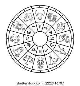 Illustration of zodiac circle with constellations signs. Sun and magic runes. Horoscope symbols for astrological forecasts  leo, taurus, sagittarius, aries, gemini, etc. Astrologica round.