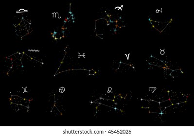 illustration with zodiac constellations isolated on black background