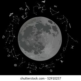 illustration with zodiac constellations isolated on black background