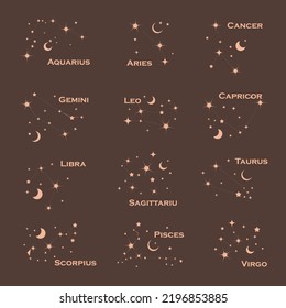 Illustration zodiac constellations on a dark background with stars, astrology, astronomy spiritual vector design elements. Vector