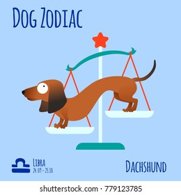 Illustration of a zodiac sign with a funny dog. Dachshund Libra