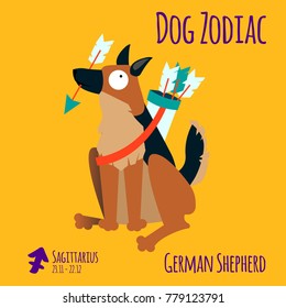 Illustration of a zodiac sign with a funny dog. German Shepherd Sagittarius