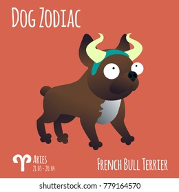 Illustration of a zodiac sign with a funny dog. French Bull Terrier Aries