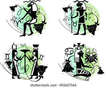 Illustration of zodiac signs in Egyptian style: Sagittarius, Capricorn, Aquarius, Pisces isolated on white background.