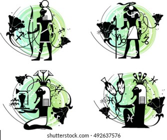 Illustration of zodiac signs in Egyptian style: Aries, Taurus, Gemini, Cancer isolated on white background.