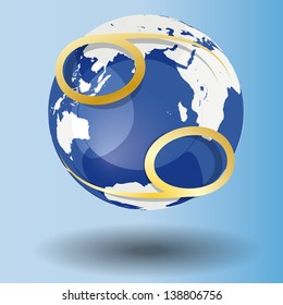 Illustration of Zodiac symbol Cancer in gold on a globe, with a white map on blue background with shadow