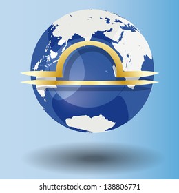 Illustration of Zodiac symbol Libra in gold on a globe, with a white map on blue background with shadow