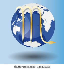 Illustration of Zodiac symbol Scorpio in gold on a globe, with a white map on blue background with shadow