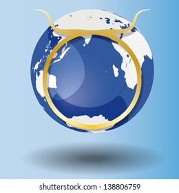 Illustration of Zodiac symbol Taurus in gold on a globe, with a white map on blue background with shadow