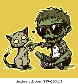 Illustration of a zombie and a cat doing a heart with their hands. Two cartoon corpses being friends