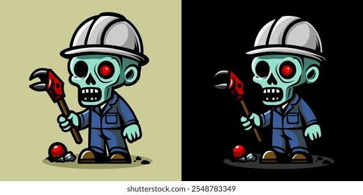 Una ilustración de un trabajador de la construcción zombi. Horror y elemento espeluznante. Diseño de elemento de Halloween. Aislado sobre fondo claro. Vector Eps 10.