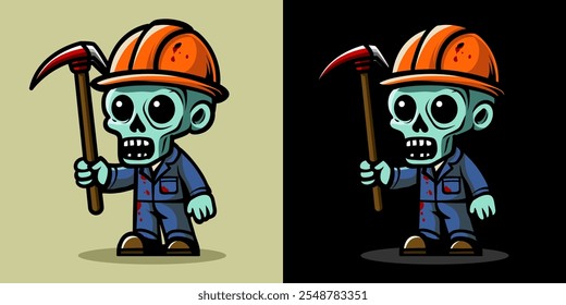 Una ilustración de un trabajador de la construcción zombi. Horror y elemento espeluznante. Diseño de elemento de Halloween. Aislado sobre fondo claro. Vector Eps 10.