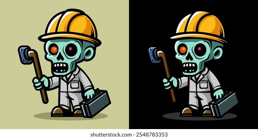 Una ilustración de un trabajador de la construcción zombi. Horror y elemento espeluznante. Diseño de elemento de Halloween. Aislado sobre fondo claro. Vector Eps 10.