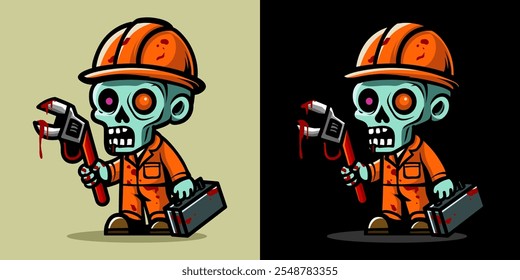 Una ilustración de un trabajador de la construcción zombi. Horror y elemento espeluznante. Diseño de elemento de Halloween. Aislado sobre fondo claro. Vector Eps 10.