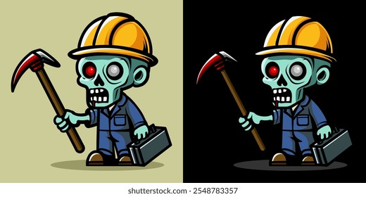 Una ilustración de un trabajador de la construcción zombi. Horror y elemento espeluznante. Diseño de elemento de Halloween. Aislado sobre fondo claro. Vector Eps 10.